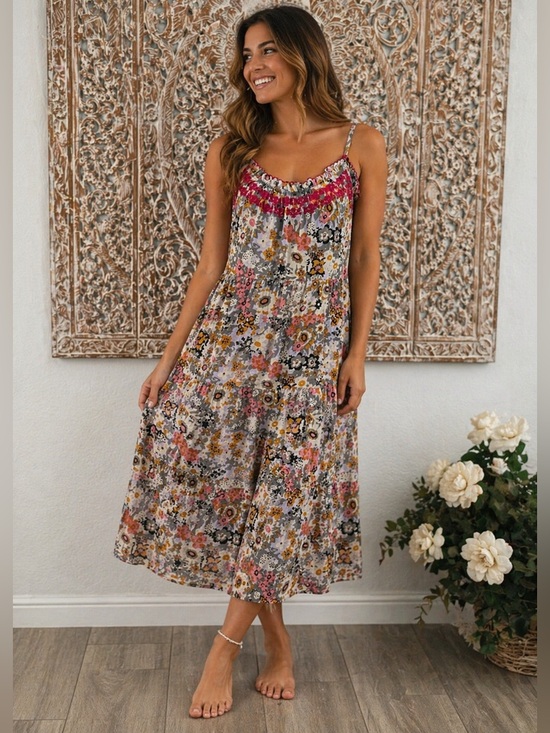 NATURAL LIFE Dresses & Skirts - Natural Life Avery Boho Floral Midi Sundress, Pink Embroidered Trim, & Pockets!
